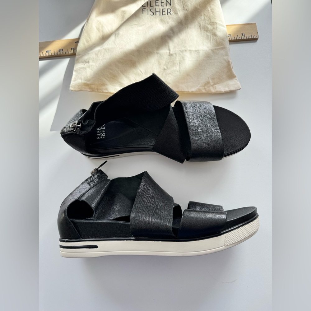 Eileen Fisher Black Leather Sport Sandals with White Sole